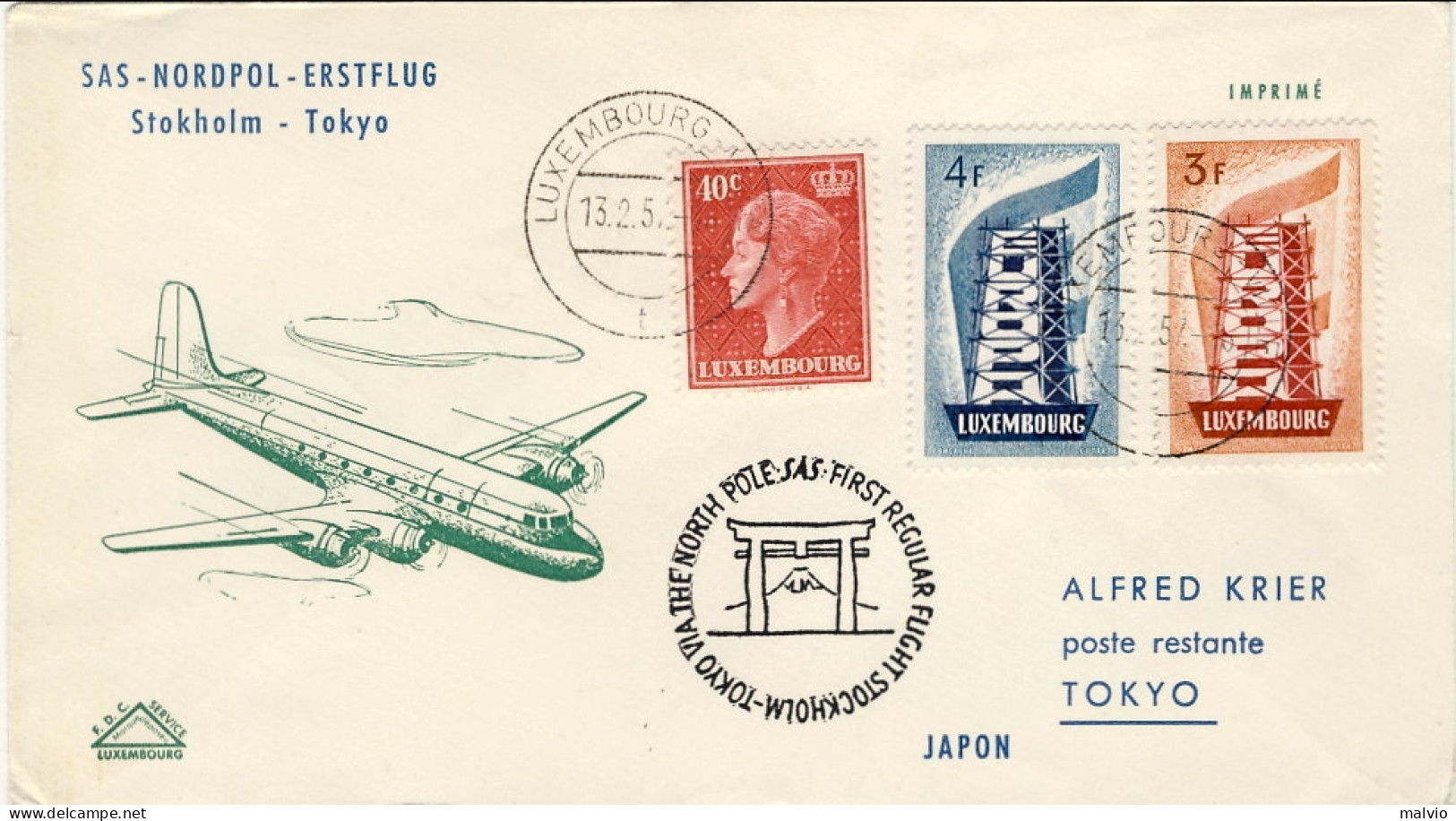 1957-Luxembourg Lussemburgo I^volo SAS Stoccolma Tokyo Attraverso Il Polo Nord ( - Covers & Documents