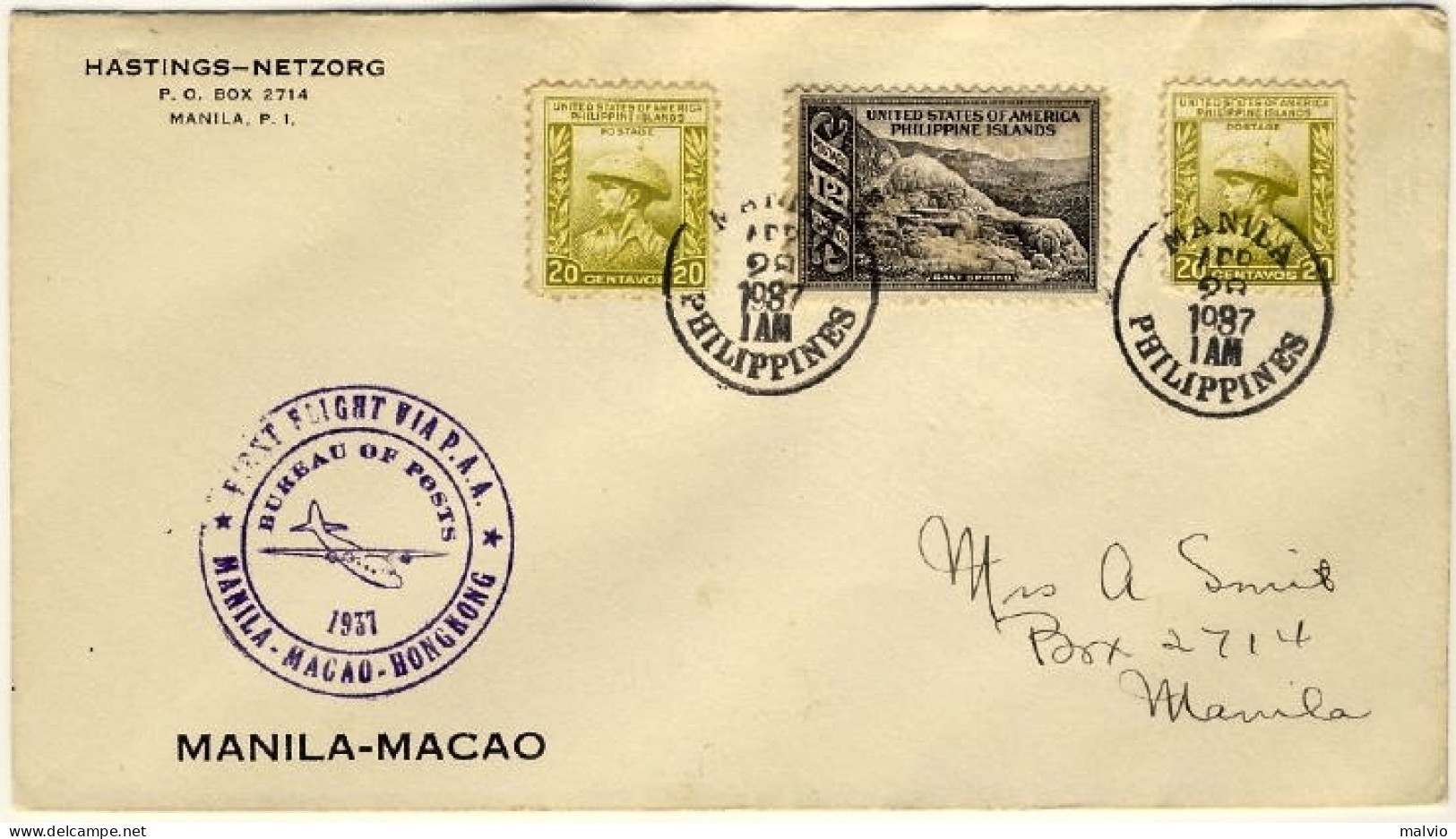 1937-Filippine Con Bollo First Flight Via P.A.A. Manila Macao Hong Kong - Filippine