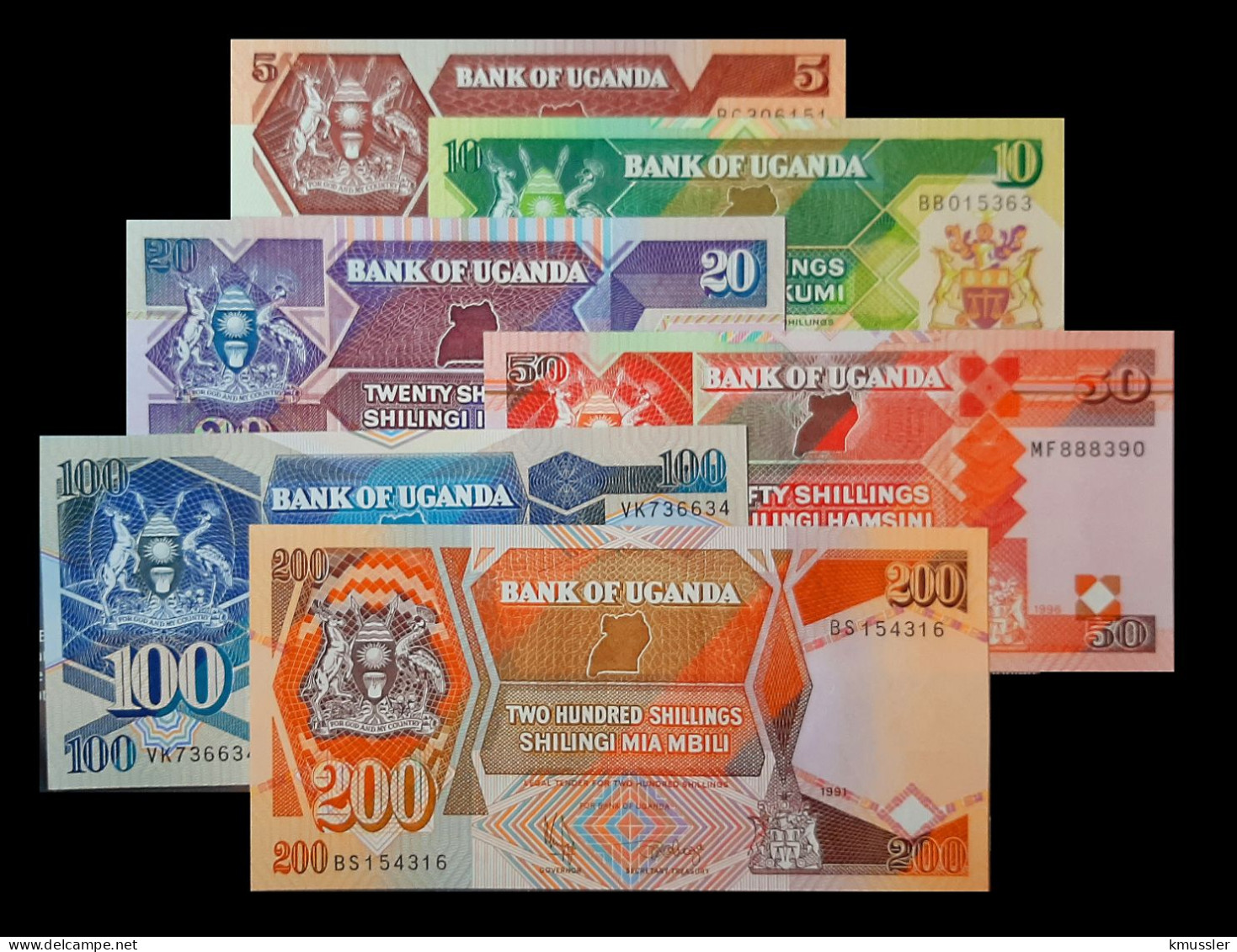 # # # Set 6 Banknoten Uganda 5 Bis 200 Shillings 1991/98 (P-27 Bis P-32) UNC # # # - Oeganda