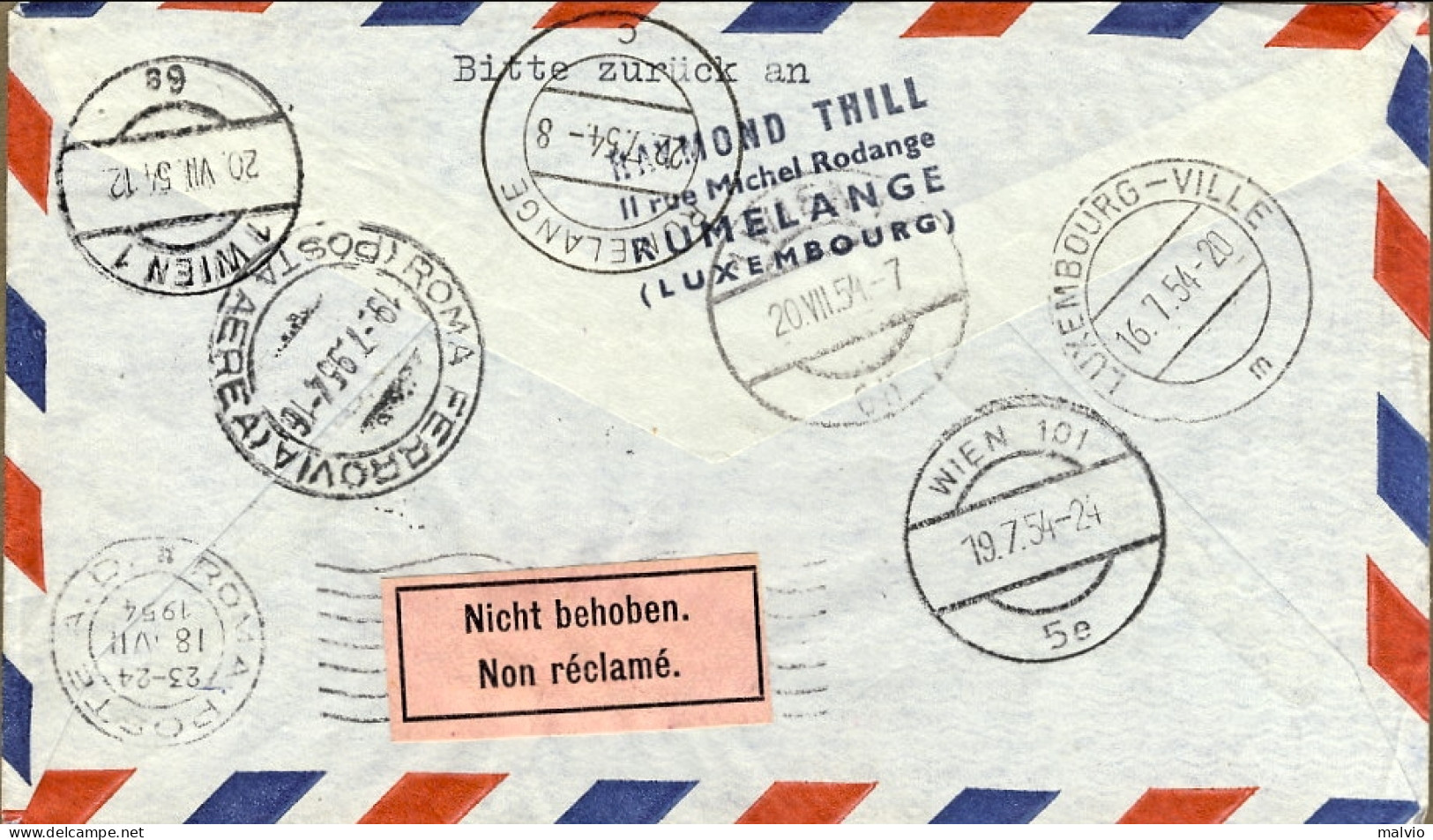1954-Luxembourg Lussemburgo Cat.Pellegrini N.592 Euro 110, I^volo LAI Roma-Vienn - Briefe U. Dokumente