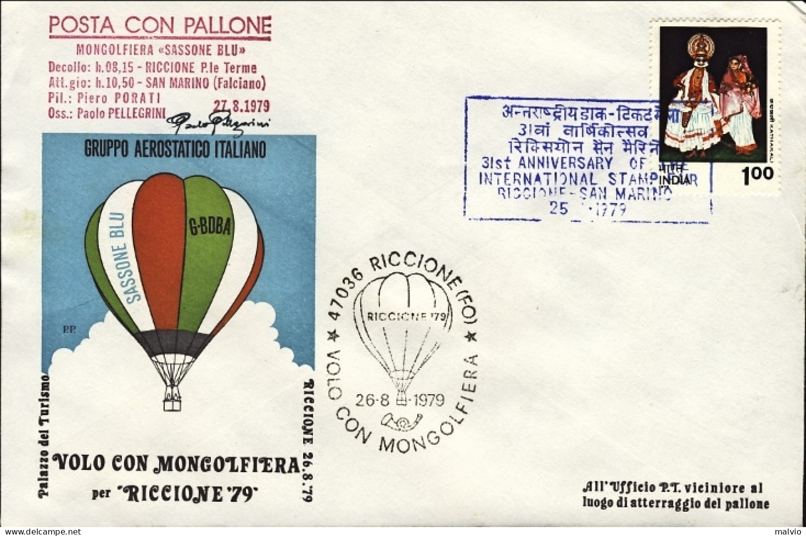 San Marino-1979-India ,bollo Amaranto Posta Con Pallone Mongolfiera Sassone Blu  - Airmail