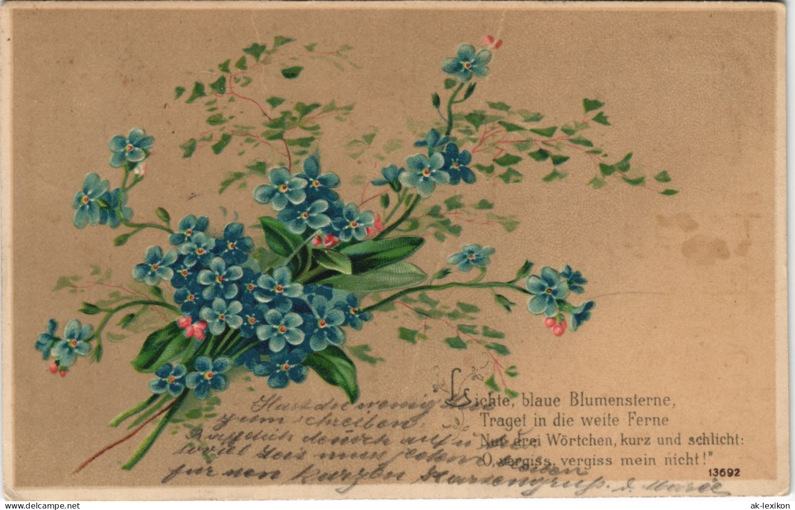 Spruchkarte/Gedichte Feilchen Strauß Lichte Blaue Blumensterne 1908 Prägekarte - Philosophie & Pensées