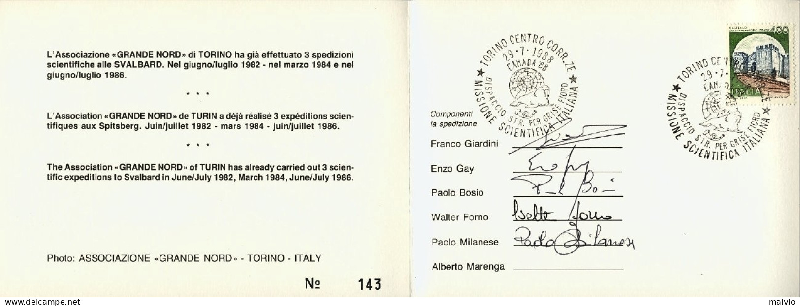 1988-Canada Missione Scientifica Italiana Ellesmere Island Dispaccio Volo Straor - Erst- U. Sonderflugbriefe