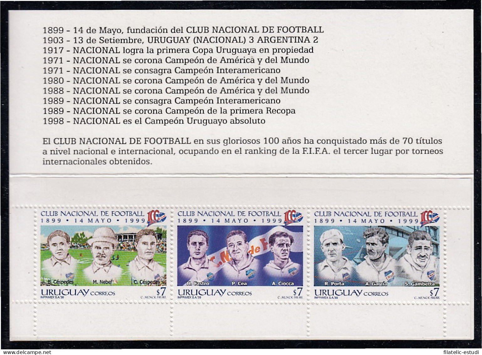 Uruguay 1802/04 1999 Centenario Club Nacional De Fútbol Carnet MNH - Uruguay