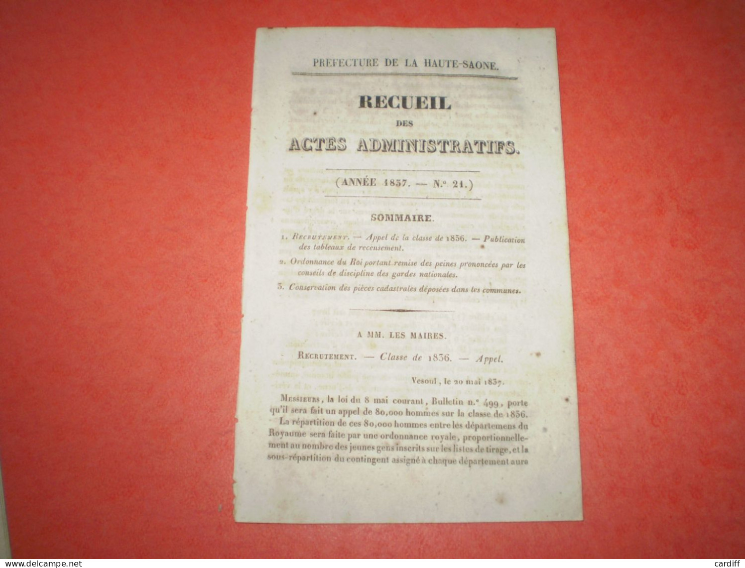 Vesoul 1837: Amnistie Pour Les Gardes Nationales Du Royaume. Appel Classe 1836 & Publication Des Tableaux De Recensement - Décrets & Lois