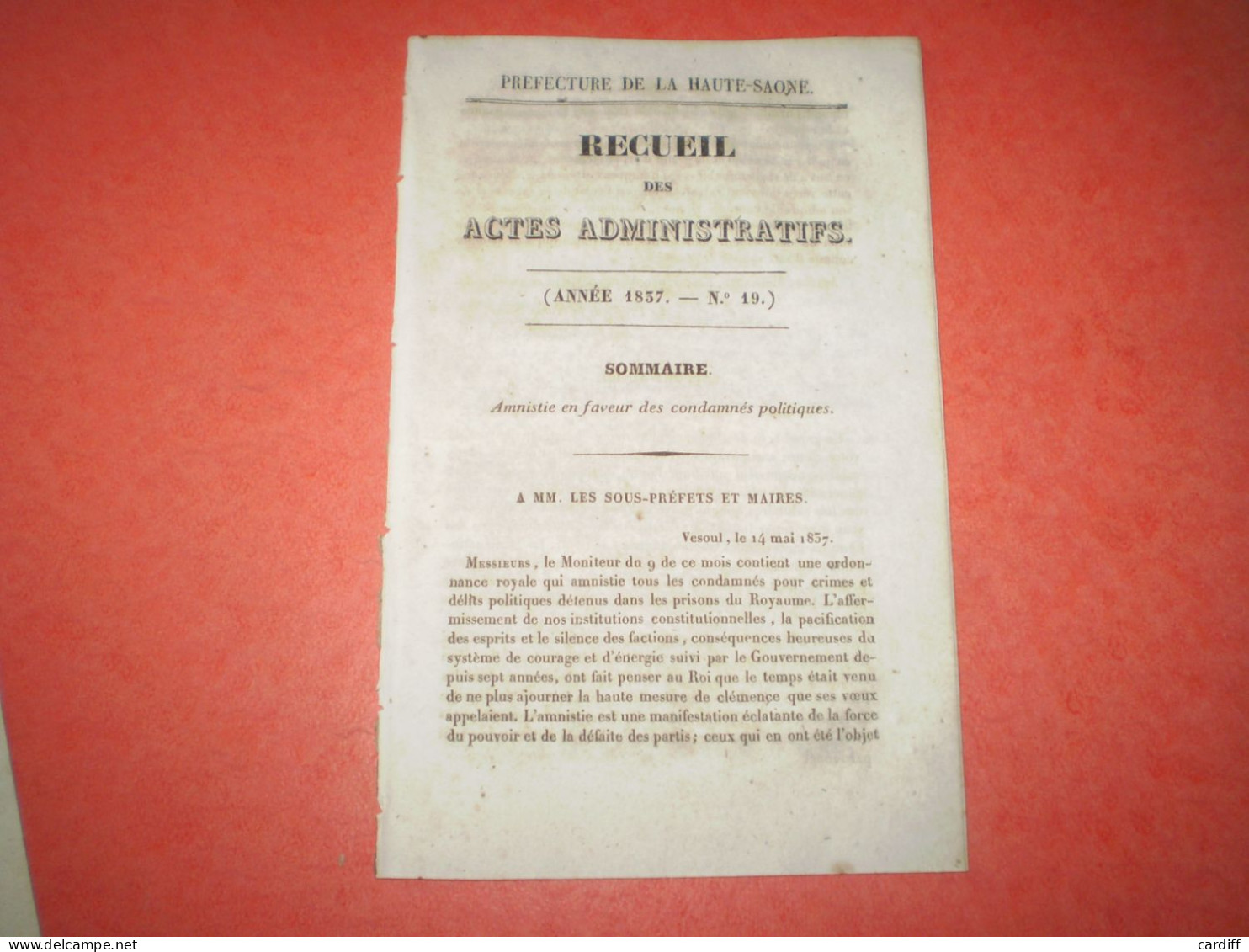 Vesoul 1837: Amnistie Pour Tous Les Condamnés Pour Crimes Et Délits Politiques Du Royaume, Par Le Roi Louis Philippe.. - Decrees & Laws