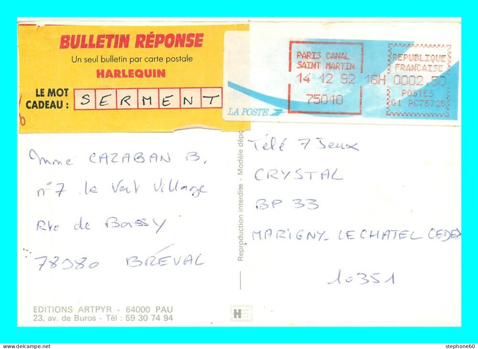 A743 / 095 Vignette LISA Comete Paris Canal Saint Martin 1992a? 2,5F ( Voiture Au Dos ) - 1988 Type « Comète »