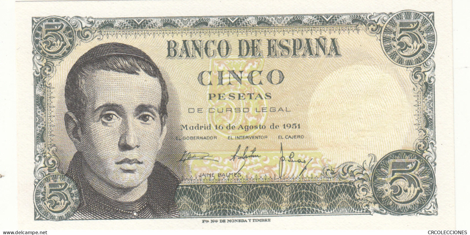 CRBS1107 BILLETE ESPAÑA 5 PESETAS 1951 SIN SERIE SIN CIRCULAR - Andere & Zonder Classificatie