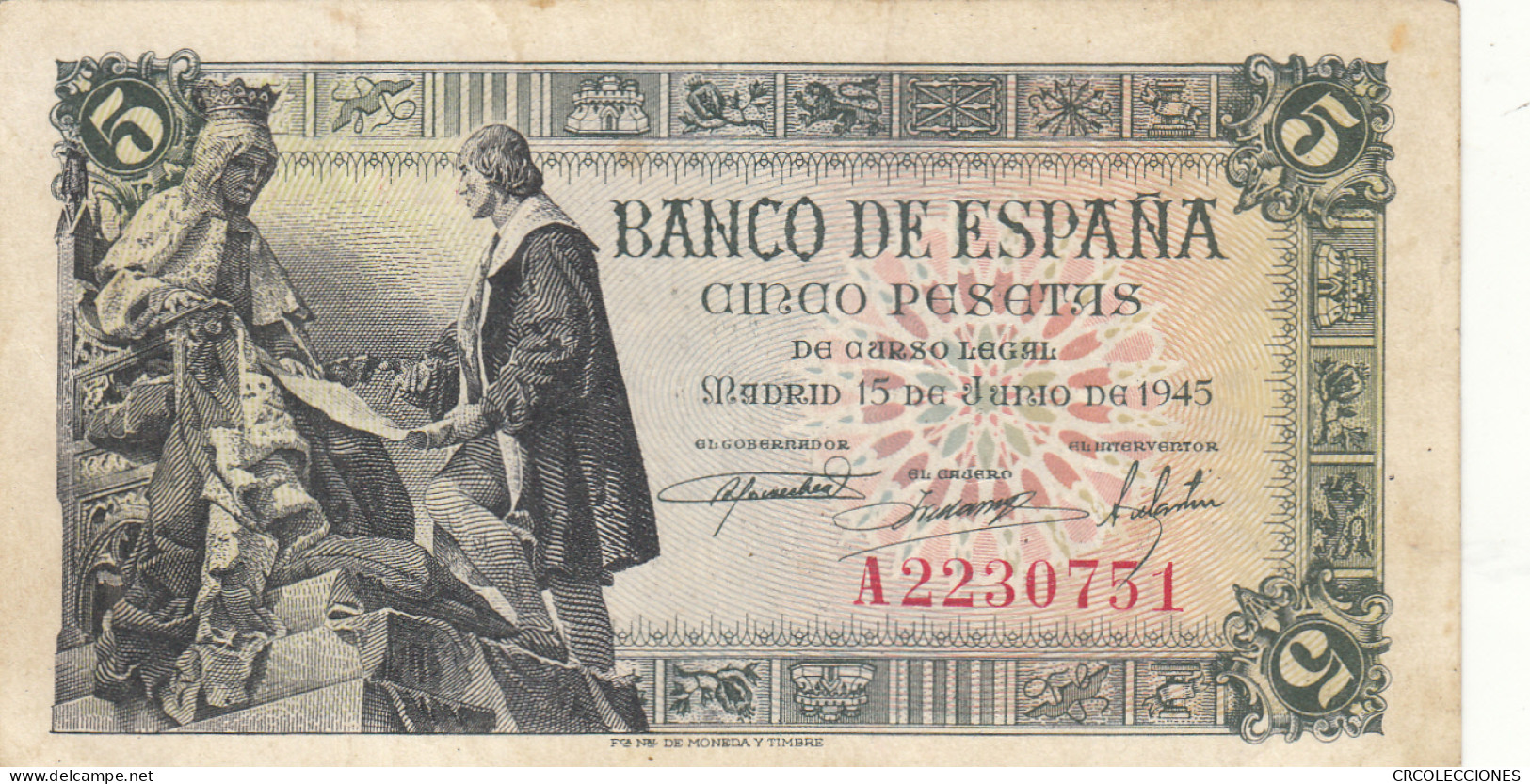 CRBS1104 BILLETE ESPAÑA 5 PESETAS 1945 MBC - Andere & Zonder Classificatie