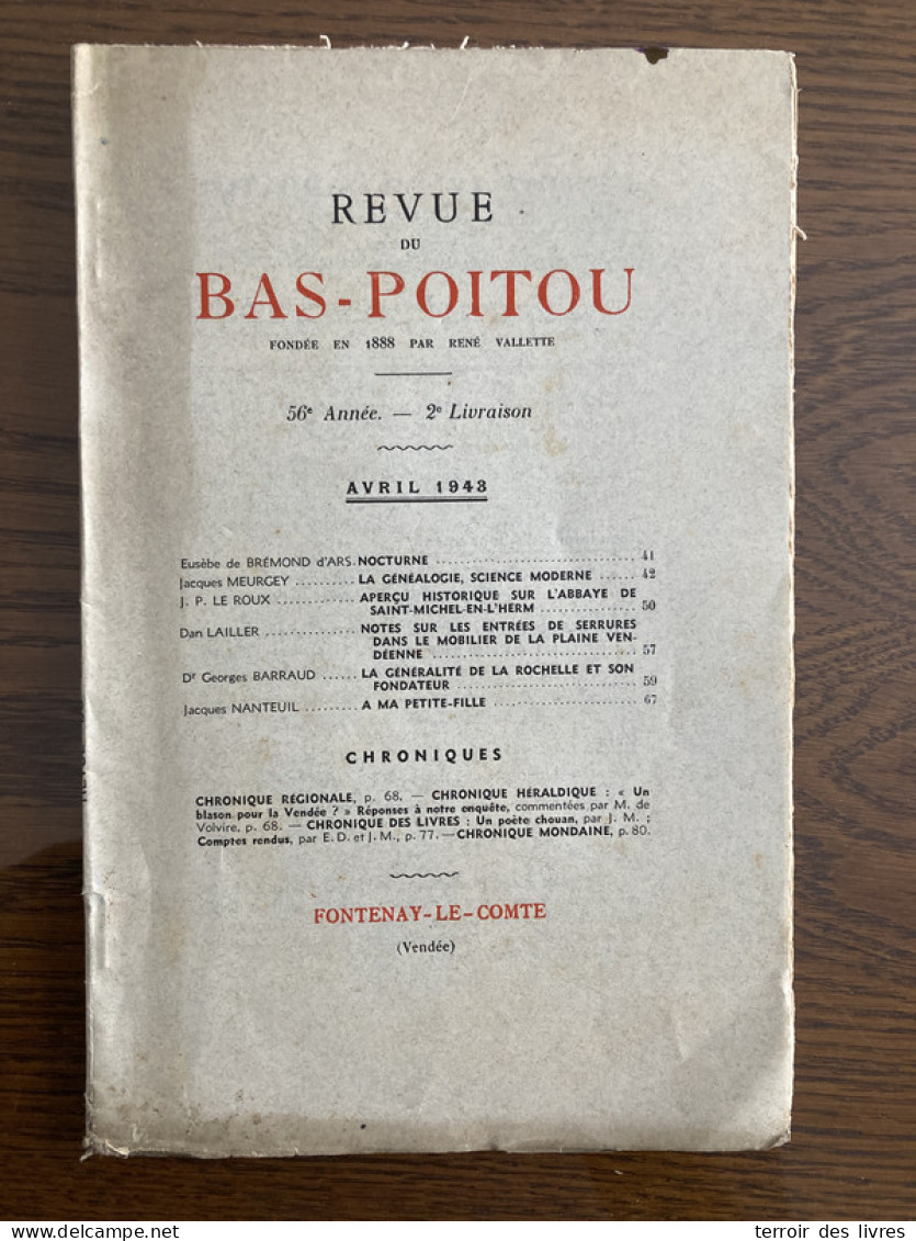 Revue Du Bas-Poitou 1943 2 SAINT-MICHEL-EN-L'HERM AUZAY OBRIE PISSOTTE LA ROCHELLE - Poitou-Charentes