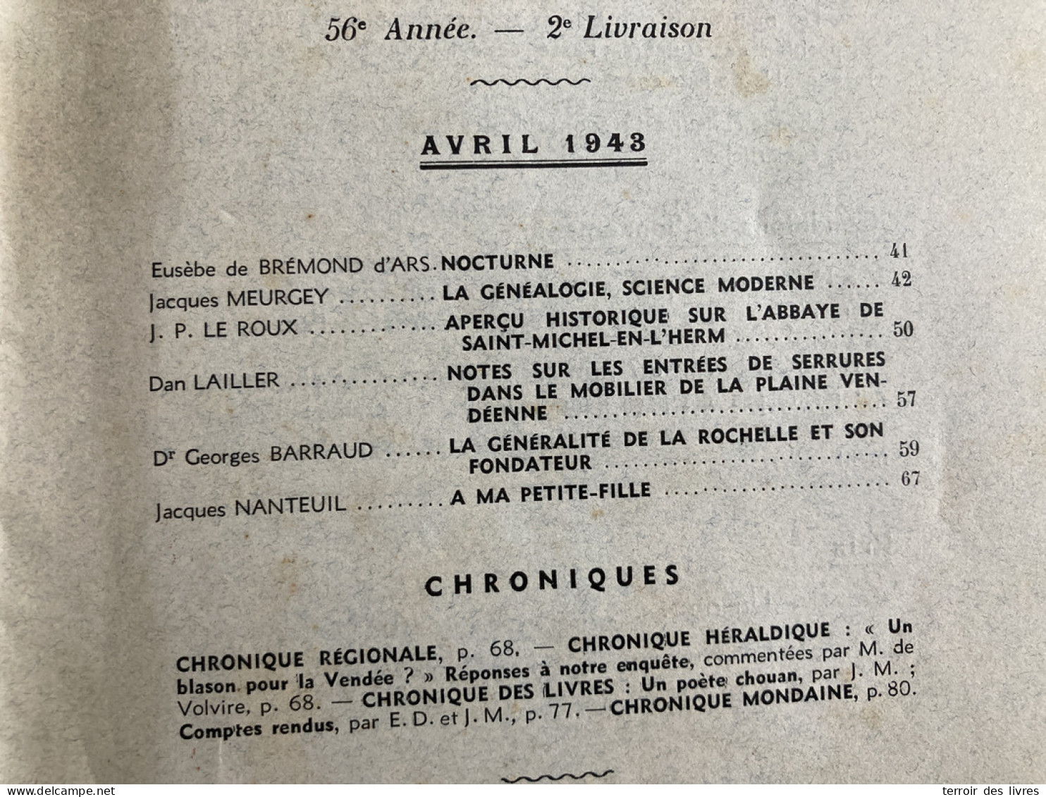 Revue Du Bas-Poitou 1943 2 SAINT-MICHEL-EN-L'HERM AUZAY OBRIE PISSOTTE LA ROCHELLE - Poitou-Charentes