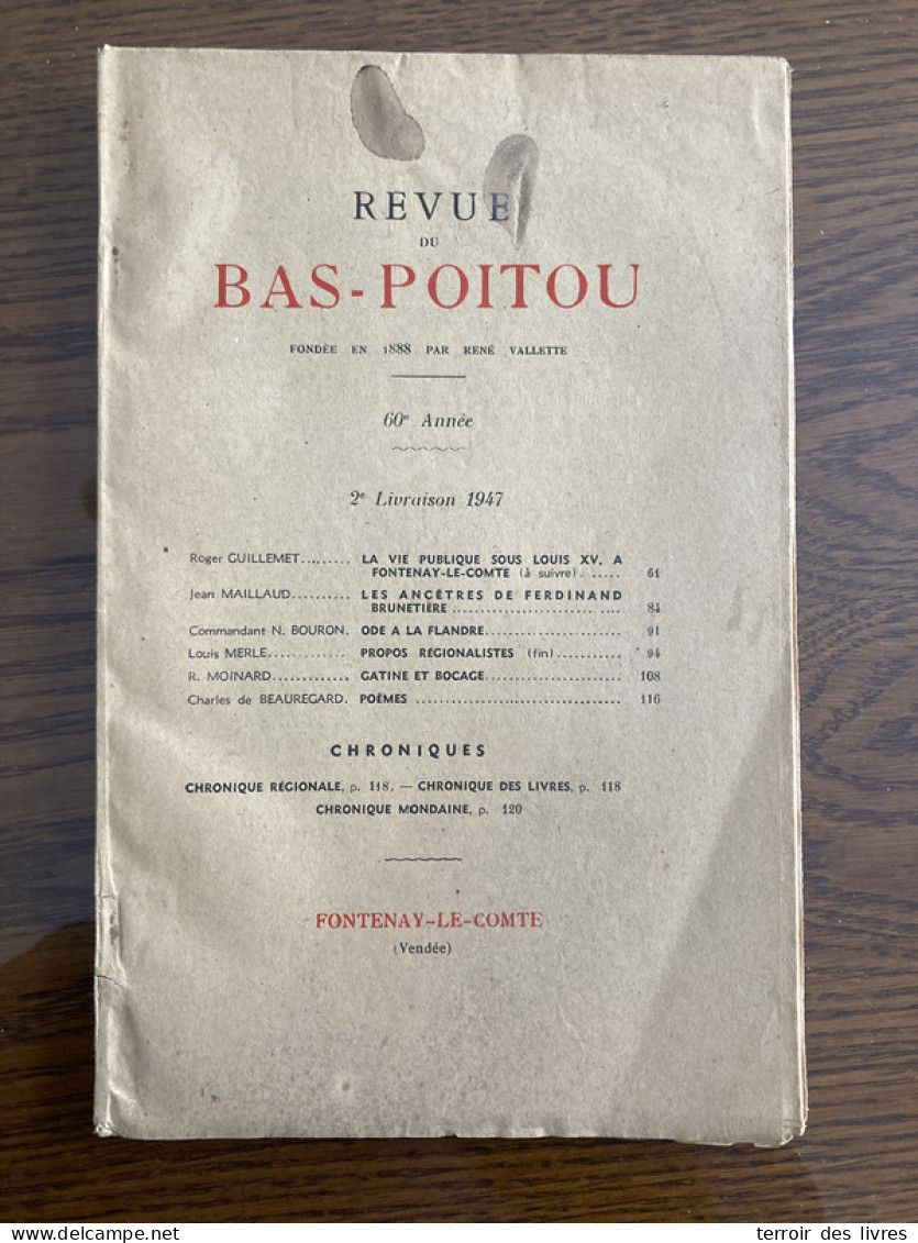 Revue Du Bas-Poitou 1947 2 FONTENAY LE COMTE GATINE DES DEUX SEVRES - Poitou-Charentes