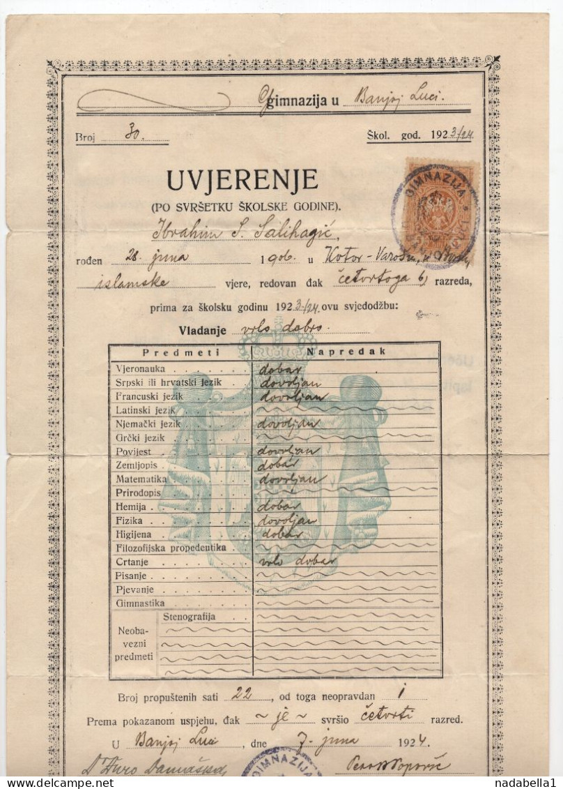 1924. KINGDOM OF SHS,BOSNIA,BANJA LUKA,GIMNASIUM SCHOOL REPORT,5 DIN STATE REVENUE STAMP - Briefe U. Dokumente