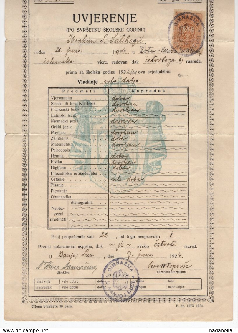 1924. KINGDOM OF SHS,BOSNIA,BANJA LUKA,GIMNASIUM SCHOOL REPORT,5 DIN STATE REVENUE STAMP - Brieven En Documenten