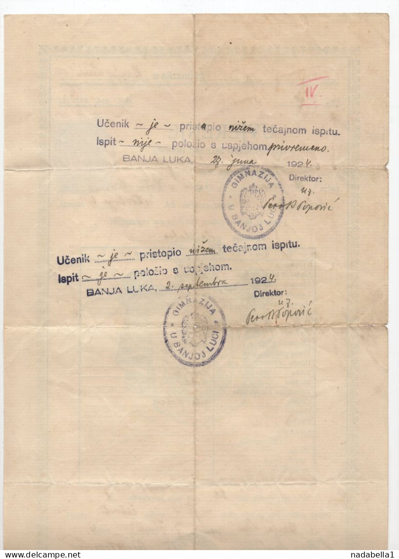 1924. KINGDOM OF SHS,BOSNIA,BANJA LUKA,GIMNASIUM SCHOOL REPORT,5 DIN STATE REVENUE STAMP - Lettres & Documents