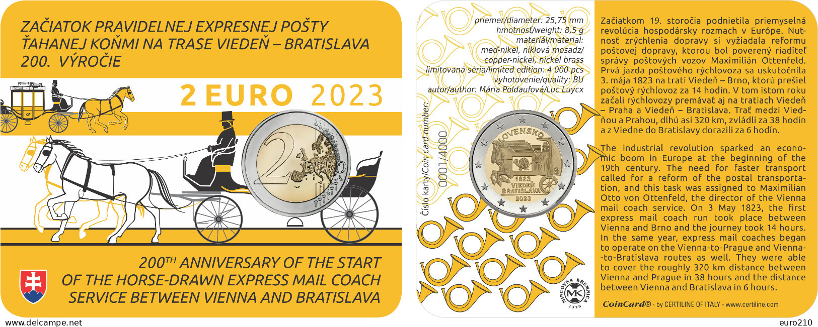 Slovakia / Slowakei / Slovaquie - 2 Euro 2023 - HORSE POST - COINCARD - Slovaquie