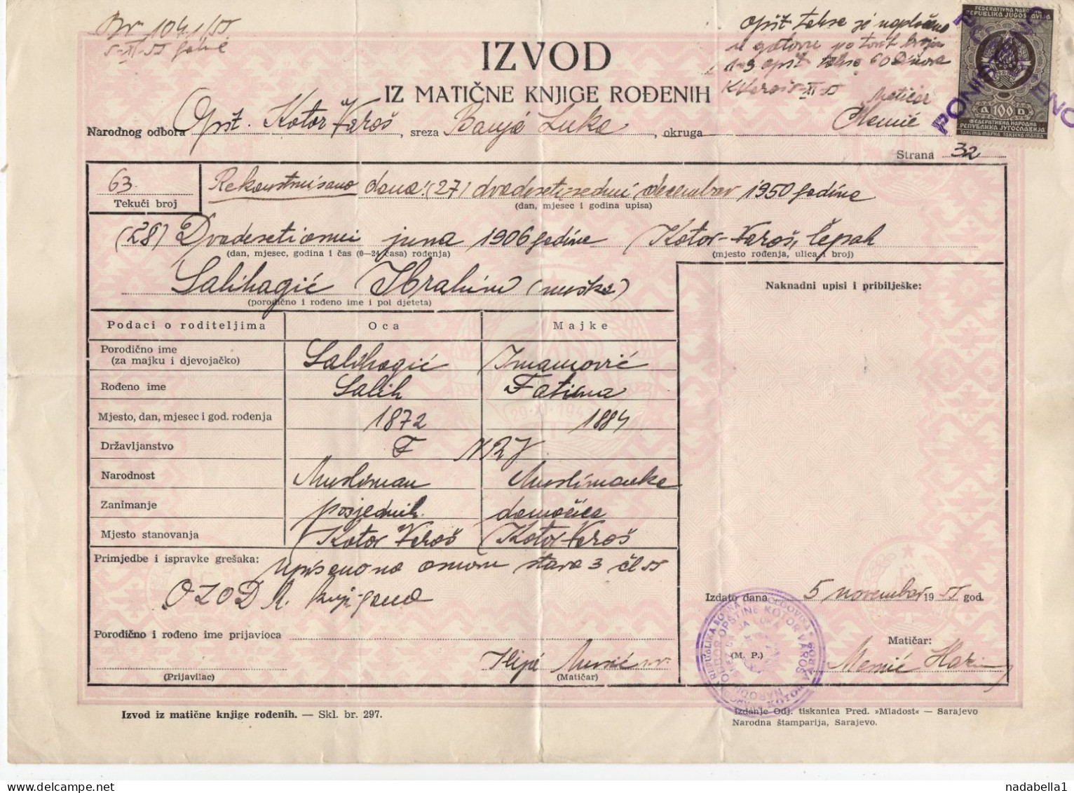 1955. YUGOSLAVIA,BOSNIA,KOTOR VAROS,BANJA LUKA,BIRTH CERTIFICATE,100 DIN STATE REVENUE STAMP - Lettres & Documents