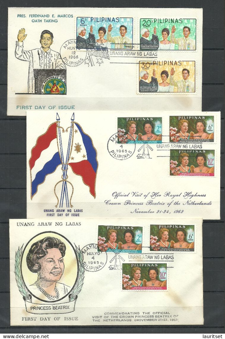 PHILIPINAS Pilipinas 1965 - 1966 - 3 X FDC - Princess Beatrix Of Netherlands Nederland & Pres. F. E. Marcos Oath Taking - Philippines