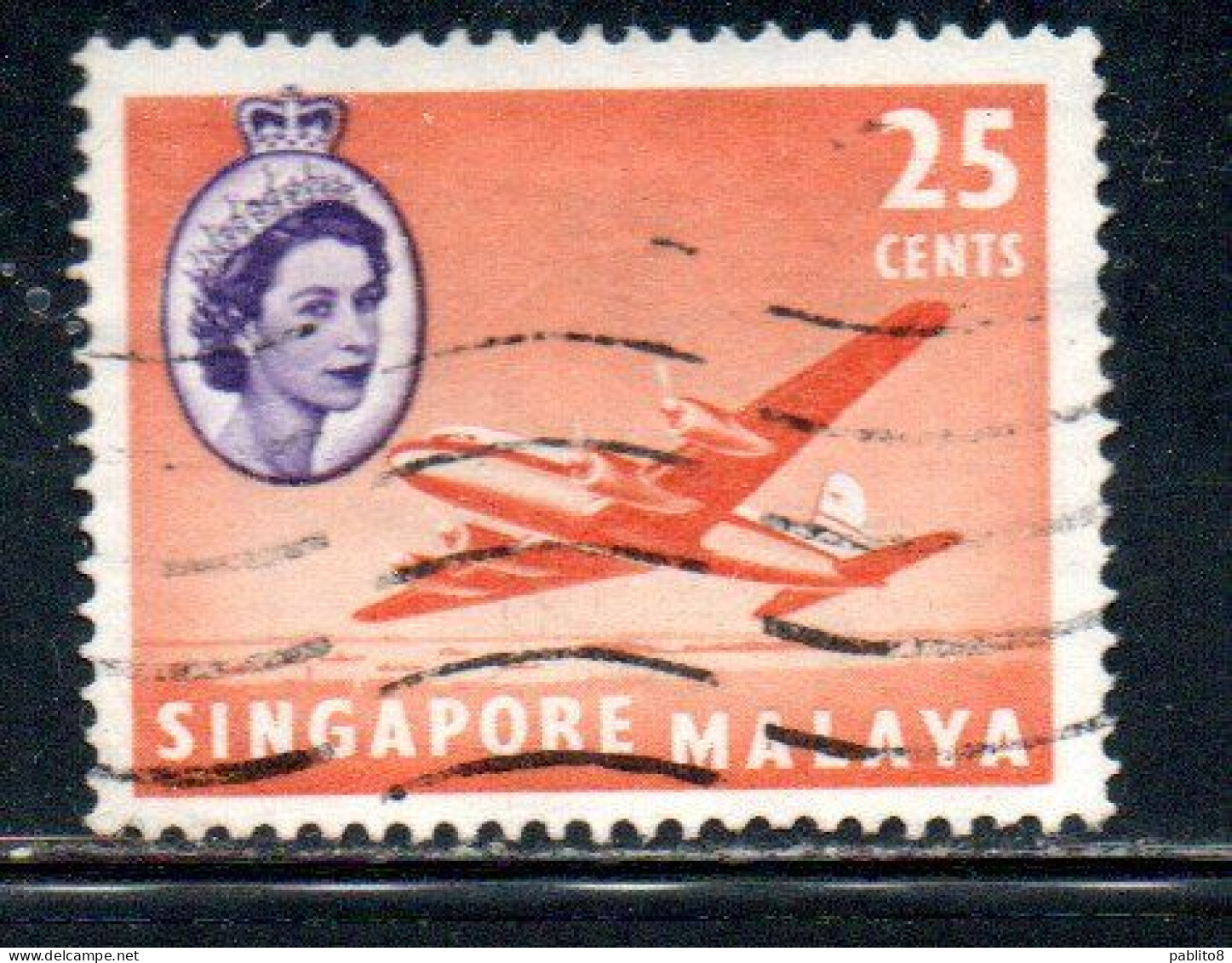 SINGAPORE MALAYA MALAISIE MALESIA 1955 ARGONAUT PLANE 25c USATO USED OBLITERE' - Singapur (...-1959)