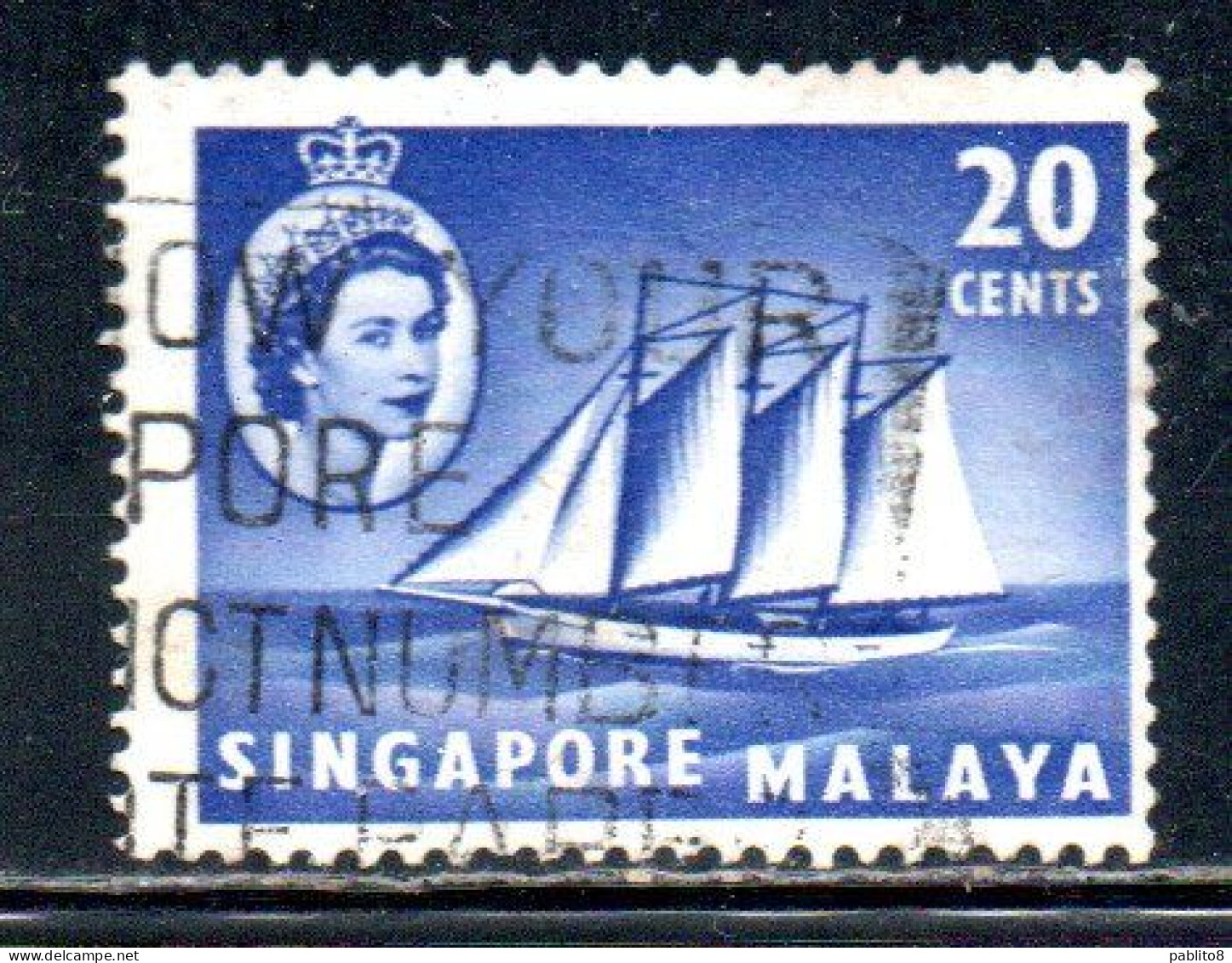 SINGAPORE MALAYA MALAISIE MALESIA 1955 COCOS-KEELING SCHOONER 20c USATO USED OBLITERE' - Singapour (...-1959)