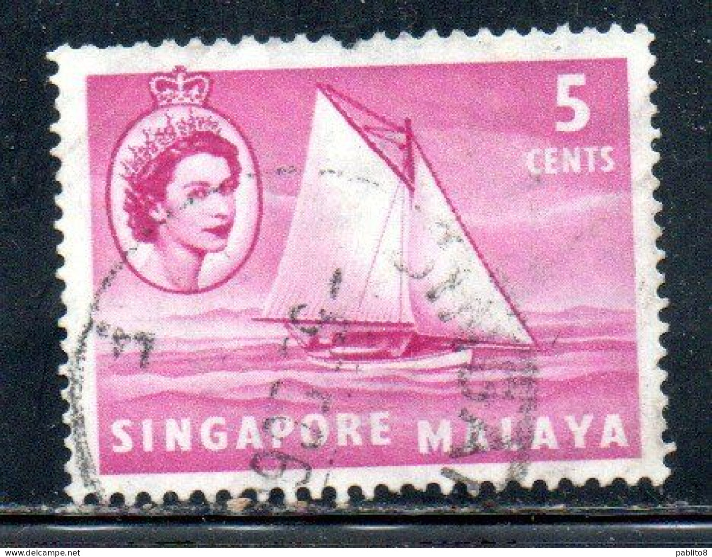 SINGAPORE MALAYA MALAISIE MALESIA 1955 LOMBOK SLOOP 5c USATO USED OBLITERE' - Singapour (...-1959)