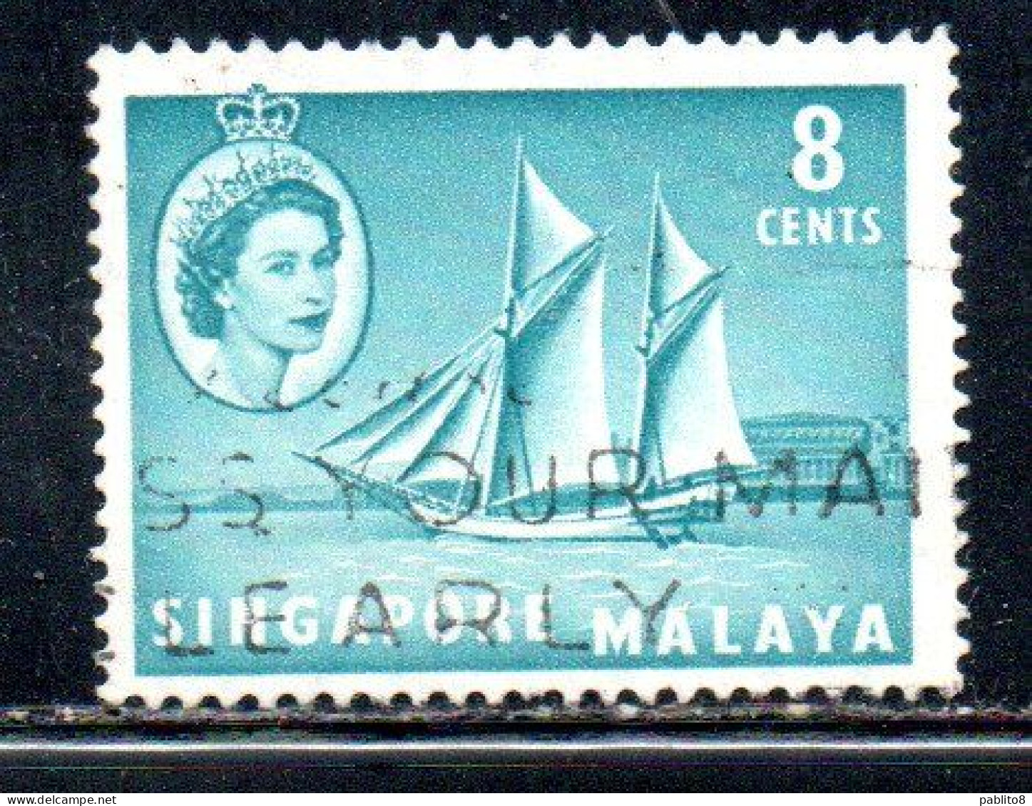 SINGAPORE MALAYA MALAISIE MALESIA 1955 PALARI 8c USATO USED OBLITERE' - Singapur (...-1959)