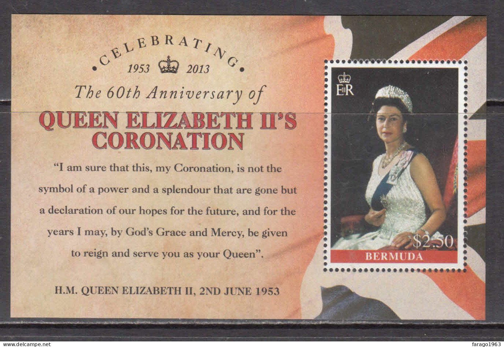 2013 Bermuda QEII Coronation Souvenir Sheet MNH @ BELOW FACE VALUE - Bermudes