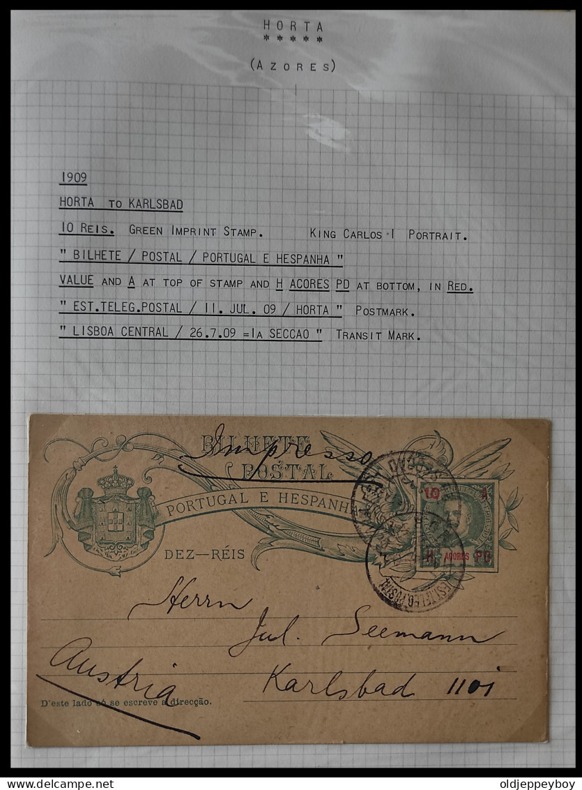 1909 PORTUGAL AZORES AÇORES HORTA TO KARLSBAD West Bohemia Stationery Card KING CARLOS I 10 Rs GREEN SEE DETAILS  RARE - Horta