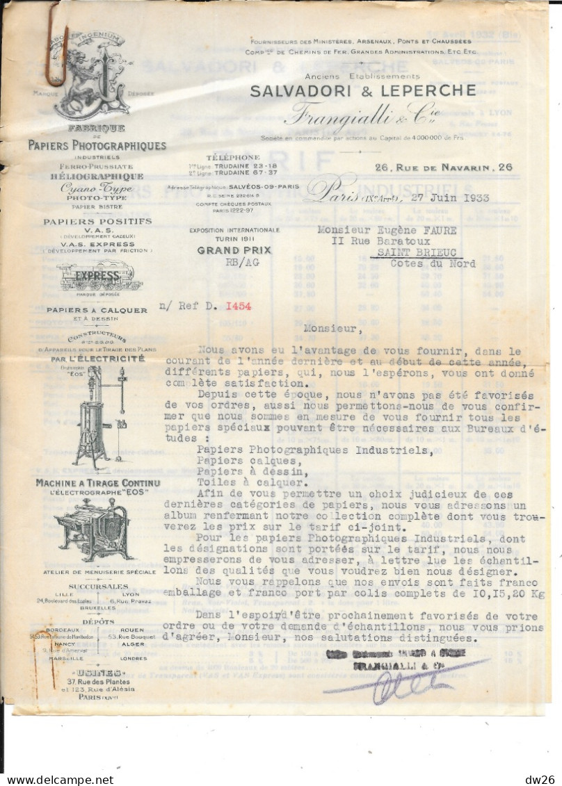 Papeterie, Fabrique De Papiers Photographiques Frangialli & Cie (Ex. Et. Salvadori & Leperche, Paris) Courrier - Printing & Stationeries