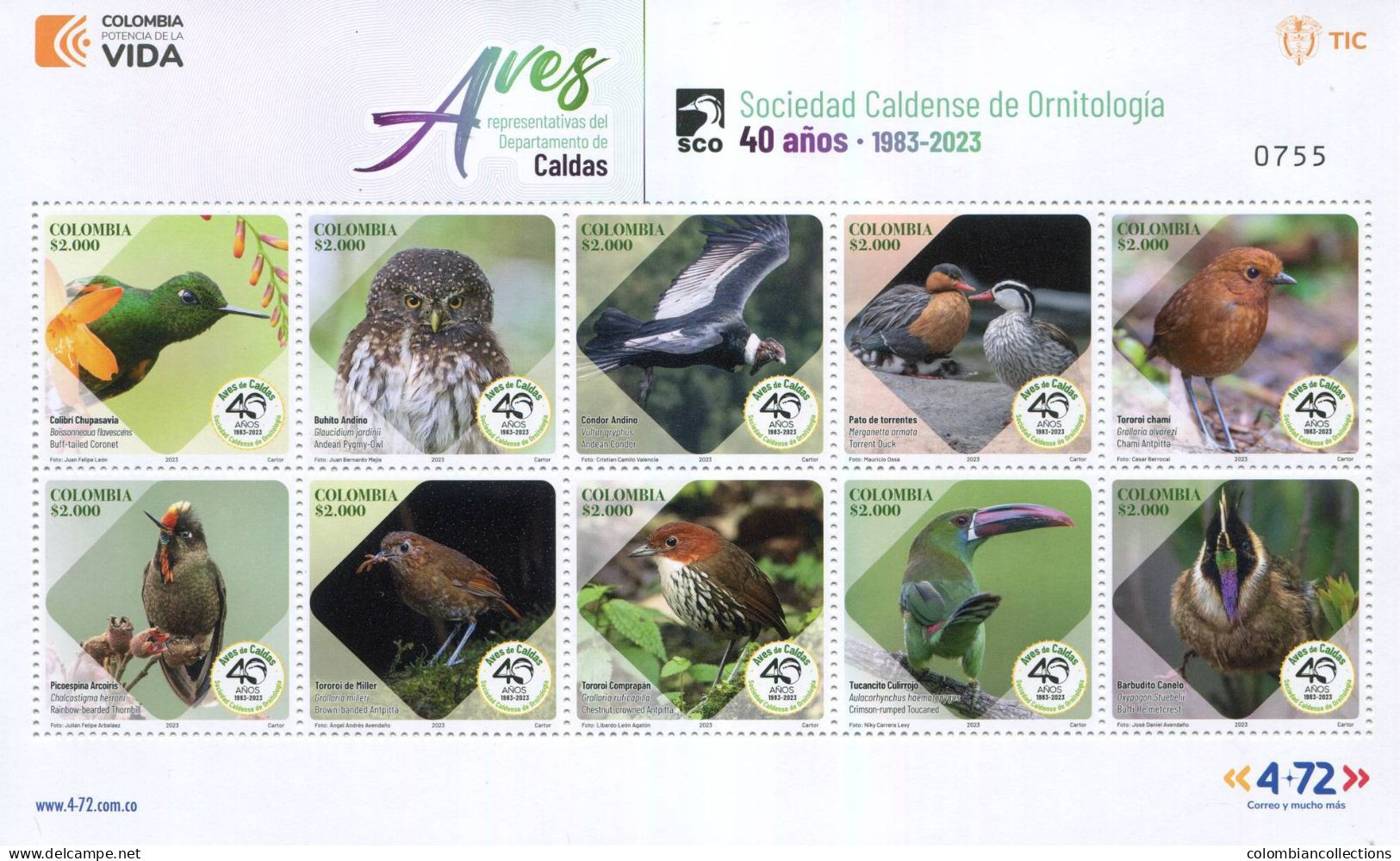 Lote 2023-8P,  Colombia, 2023, Pliego, Sheet, Aves Representativas Del Departamento De Caldas, Bird - Colombia