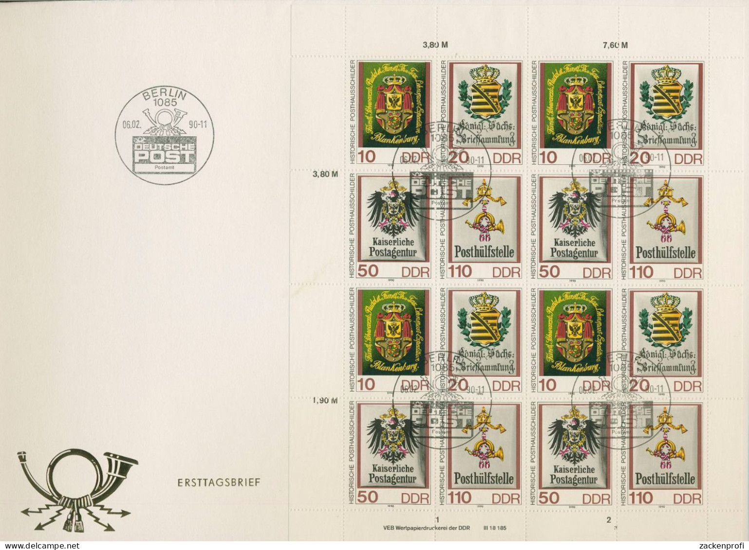 DDR 1990 Postschilder ZD-Bogen Ersttagsbrief 3306/09 ZD-Bg. FN 3 FDC - 1981-1990