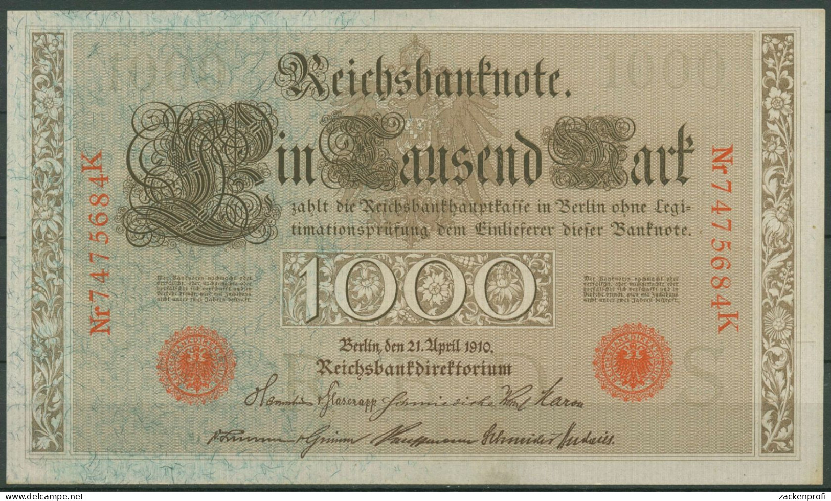 Dt. Reich 1000 Mark 1910, DEU-40c Serie S/K, Fast Kassenfrisch (K1539) - 1.000 Mark