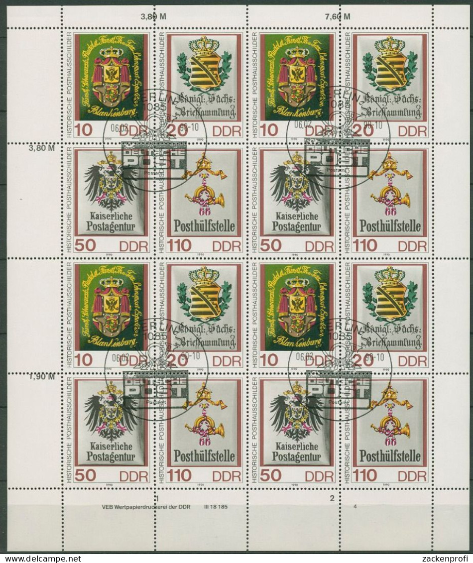 DDR 1990 Postschilder Zusammendruck-Bogen 3306/09 ZD-Bg. FN 4 Gestempelt - 1981-1990