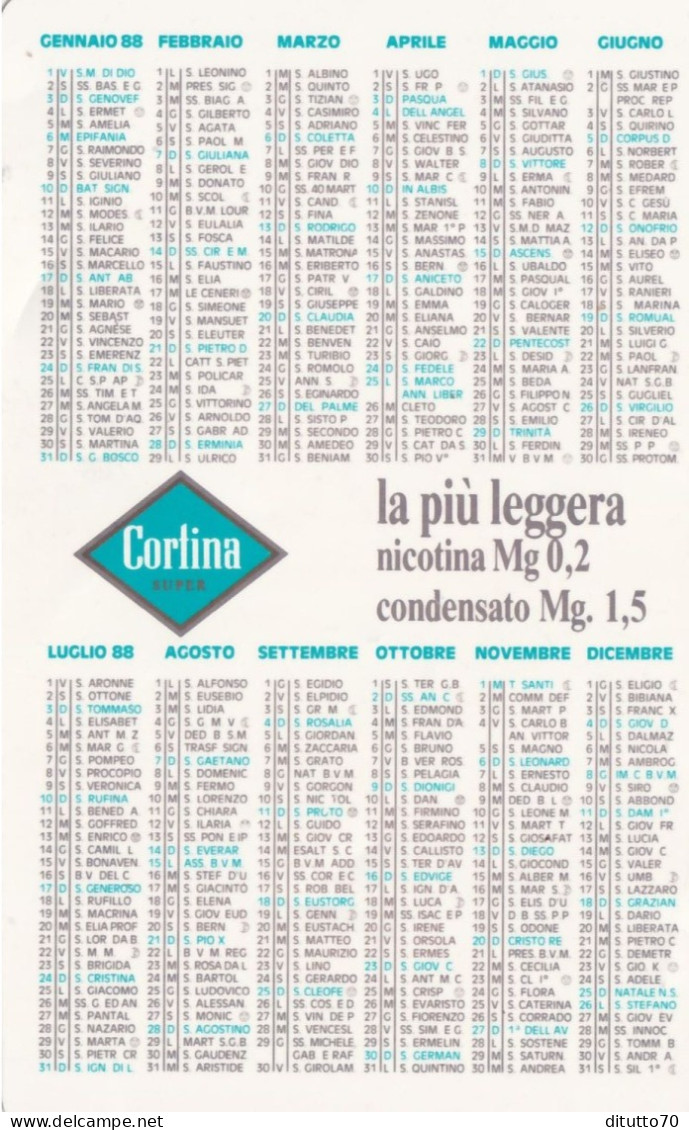 Calendarietto -  Cortina Super - La Più Leggera Nicotina - Anno 1988 - Small : 1981-90