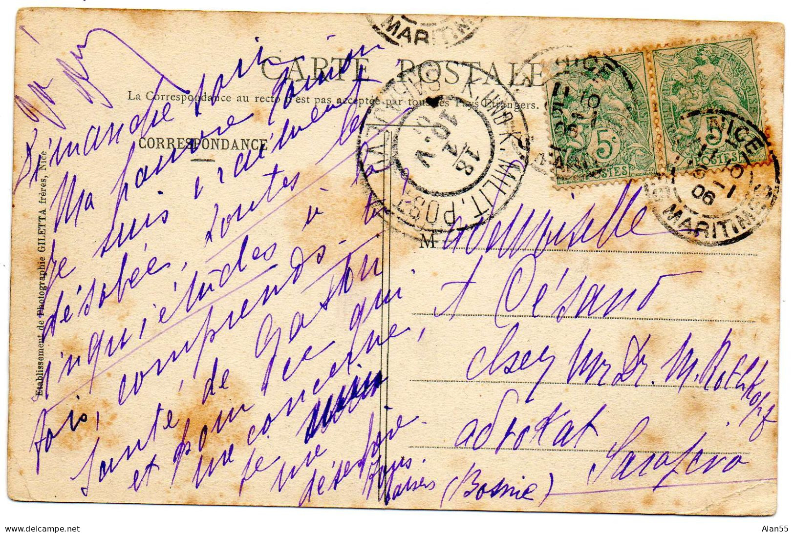 FRANCE-BOSNIE. 1906. "K.UND.K.MILIT.POST -SARAJEVO; - Bosnien-Herzegowina