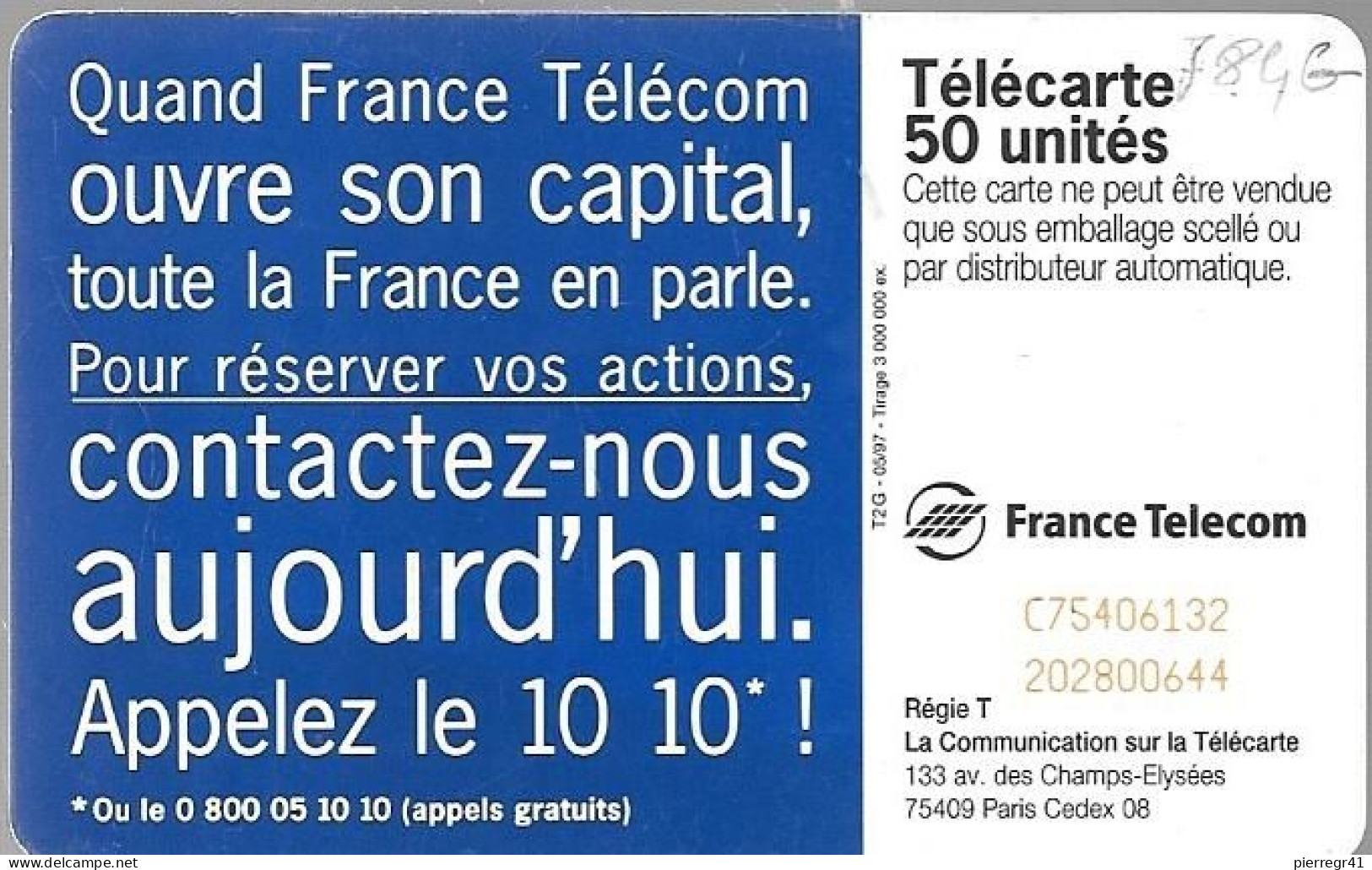 CARTE-PUBLIC-F784G-50U-SC7.T2G-05/97-DN°-TOITS CAPITAL FRANCE TELECOM-Utilisé-TBE - 1997