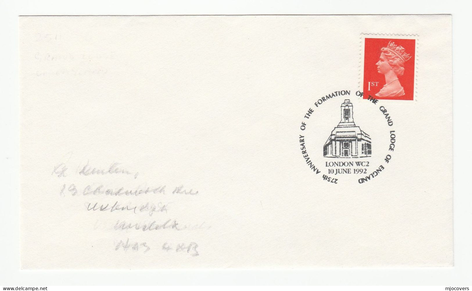 Cover GRAND LODGE Of ENGLAND  275th Anniv EVENT Cover London GB Stamps 1992 Freemason Freemasonry - Francmasonería