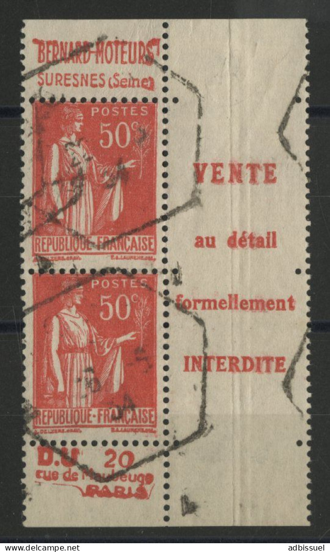 N° 283c 50 Ct PAIX II A PAIRE + PUBLICITE "BERNARD MOTEURS" + "D. U.". TB - Gebraucht