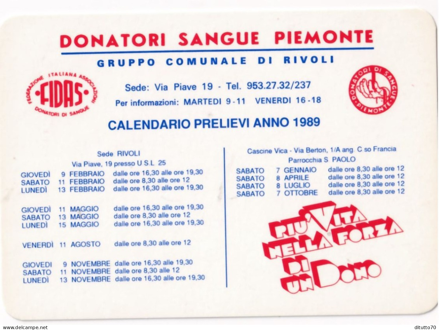 Calendarietto - FIDAS - Donatori Di Sangue - Gruppo Comunale Ricoli - Anno 1989 - Petit Format : 1981-90