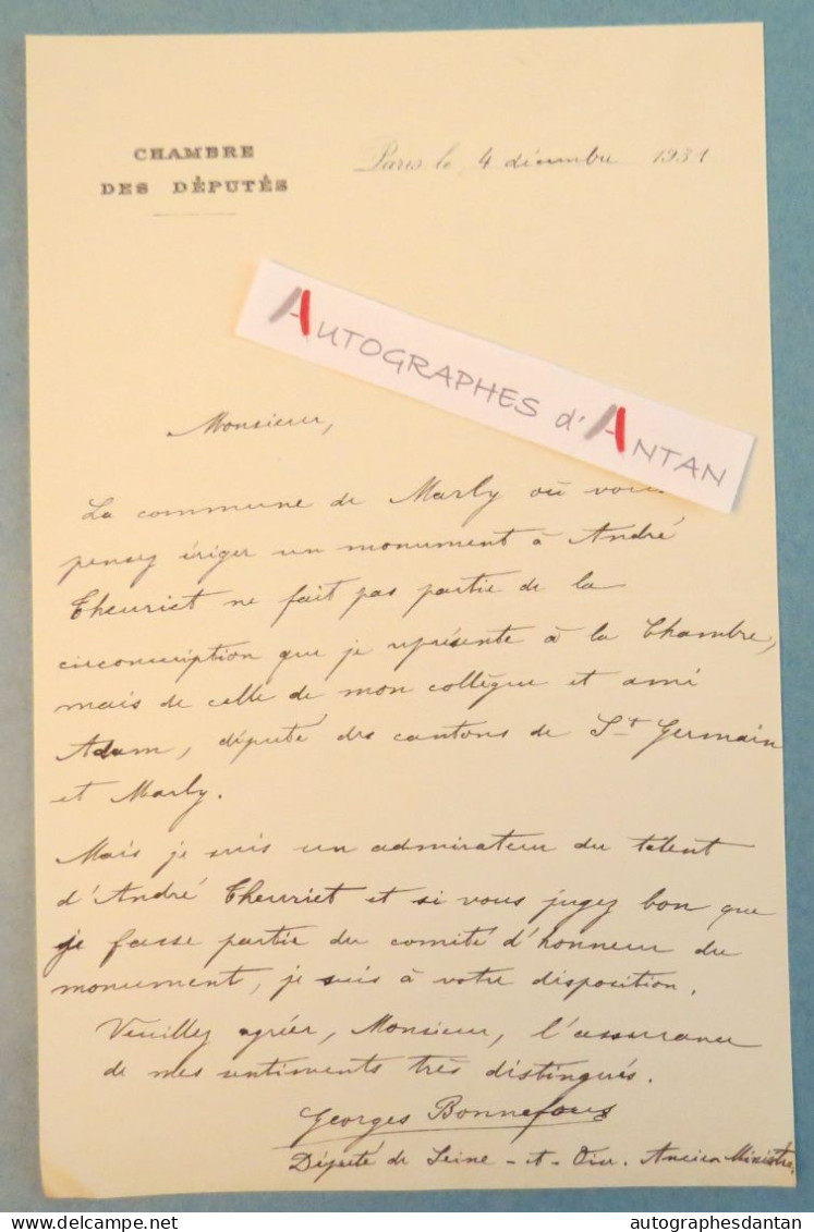 ● L.A.S 1931 Georges BONNEFOUS Député - Monument André Theuriet à Marly - à Pierre Chanlaine - Lettre Autographe - Politiques & Militaires