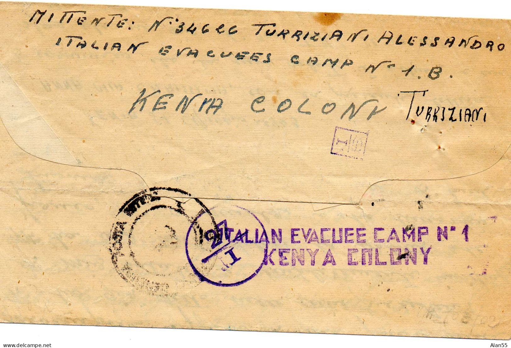 KENYA. 1943. INTERNE ITALIEN CAMP 1B POUR ITALIE. CENSURE - Kenya (1963-...)