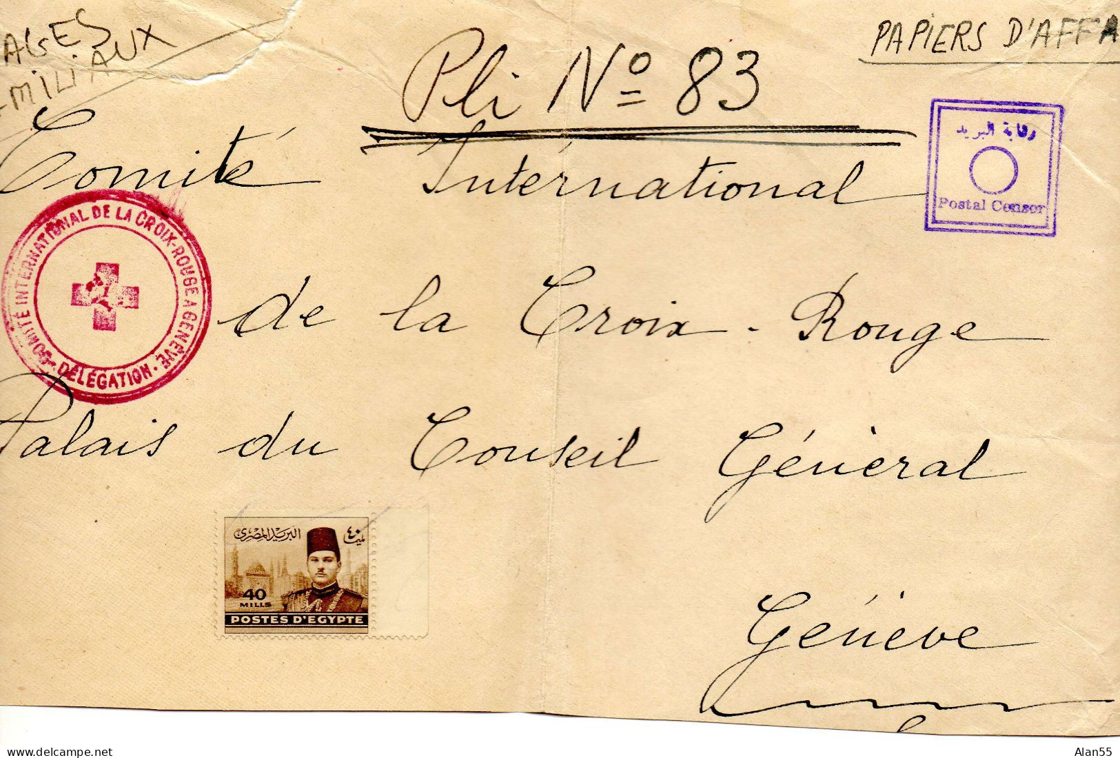 EGYPTE. 194. COMITE INTERNATIONAL CROIX-ROUGE  EN EGYPTE POUR C.I.C.R. GENEVE (SUISSE).CENSURE.(devant De Lettre) - Storia Postale