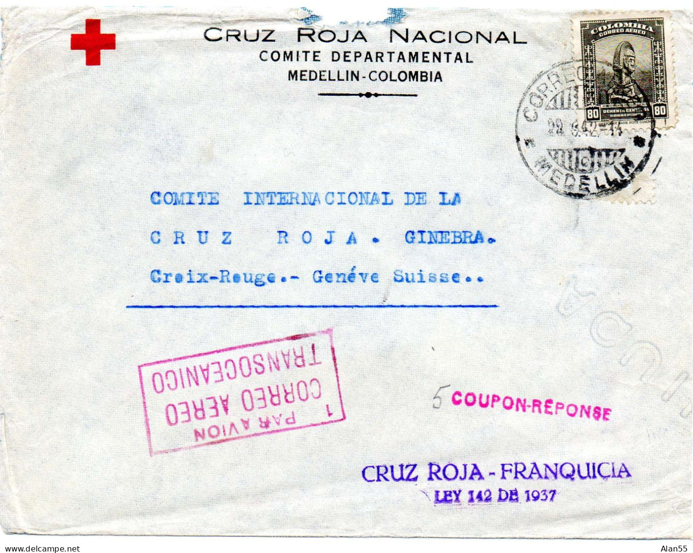 COLOMBIE. 1942. CRUZ ROJA FRANQUICIA VIA COMITE INT. CROIX-ROUGE (SUISSE) - Colombia