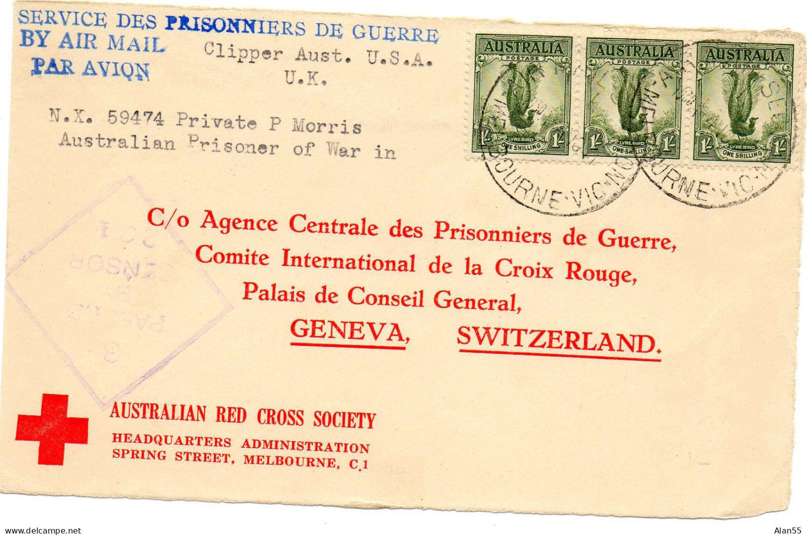 AUSTRALIE. 1941. RED CROSS SOCIETY. SERVICE PRISONNIERS DE GUERRE..(devant De Lettre) - Brieven En Documenten