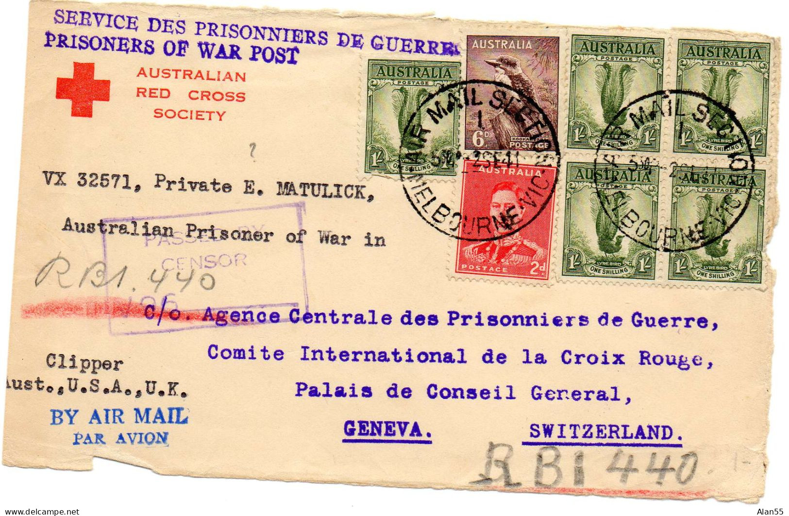 AUSTRALIE. 1941. RED CROSS SOCIETY. SERVICE PRISONNIERS DE GUERRE.CENSURE.(devant De Lettre) - Storia Postale