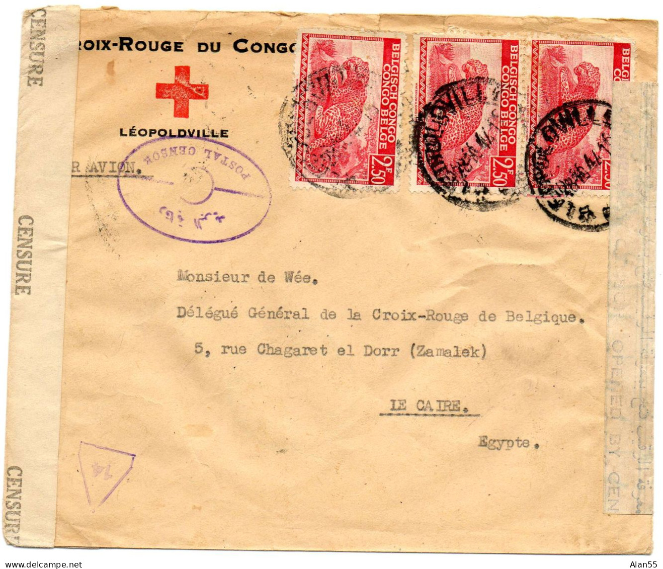 CONGO BELGE. 1944. CROIX-ROUGE DU CONGO A LEOPOLDVILLE POUR CROIX-ROUGE BELGE EN EGYPTE. DOUBLE CENSURE. - Brieven En Documenten