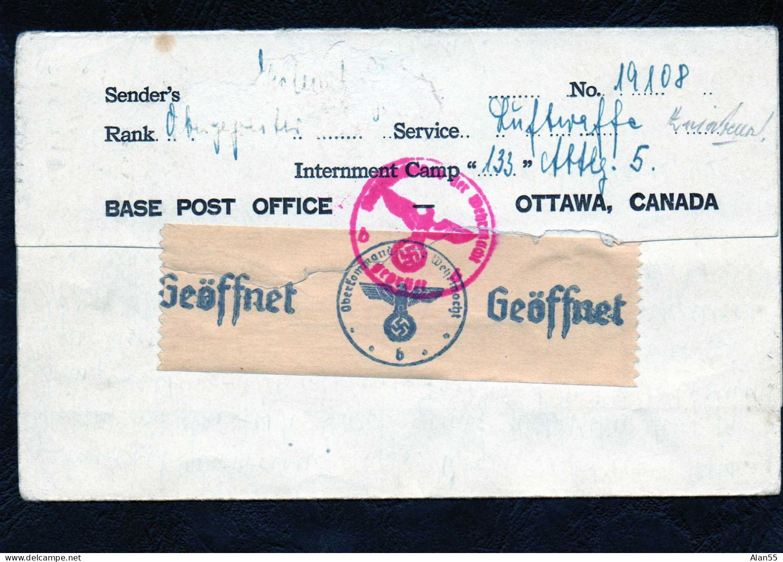 CANADA. 1942. AVIATEUR ALLEMAND INTERNE CAMP133... DOUBLE CENSURE POUR ALLEMAGNE - Lettres & Documents