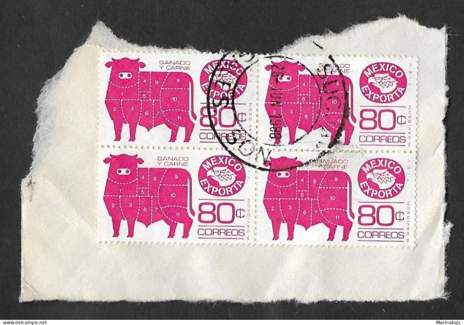 SD)1975 MEXICO  FRAGMENT WITH 4 STAMPS, MEXICO EXPORT SERIES, LIVESTOCK AND MEAT 80C SCT 1113, SONORA DISTRICT, USED - Mexico