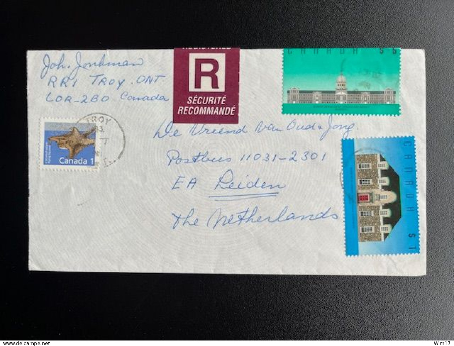 CANADA 1993 REGISTERED LETTER TROY TO LEIDEN NETHERLANDS 13-04-1993 - Lettres & Documents