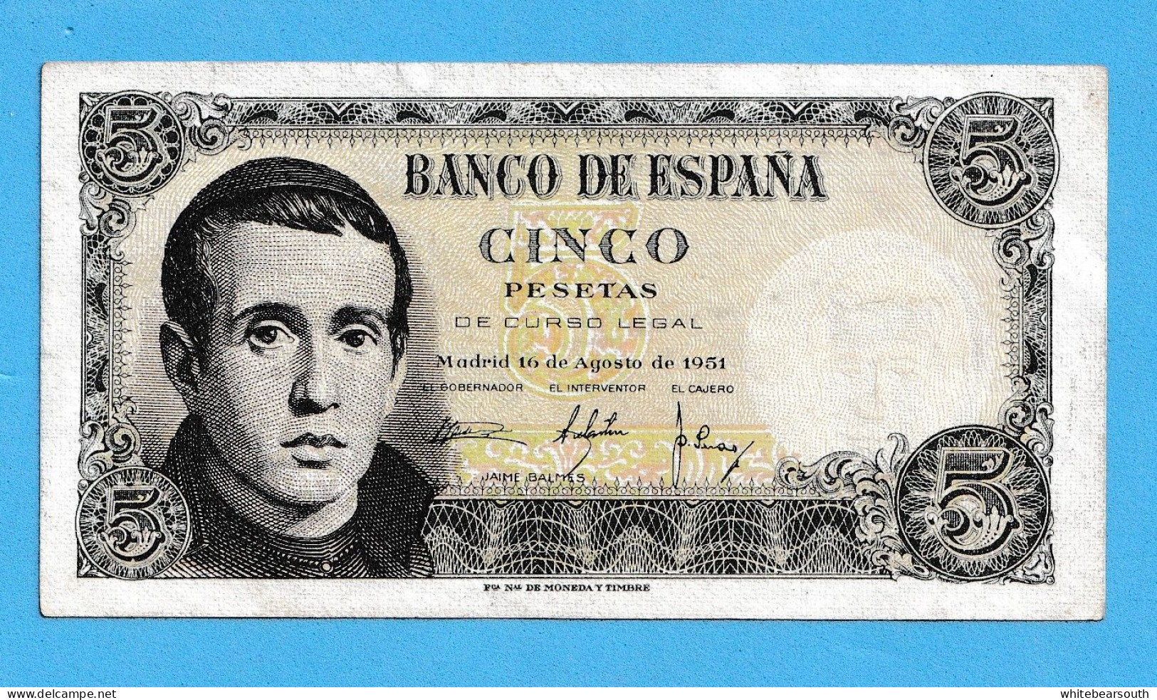 1951  BANCO DE ESPAÑA   5 PESETA BANKNOTE BILLETE CIRCULATED XF - Andere - Europa